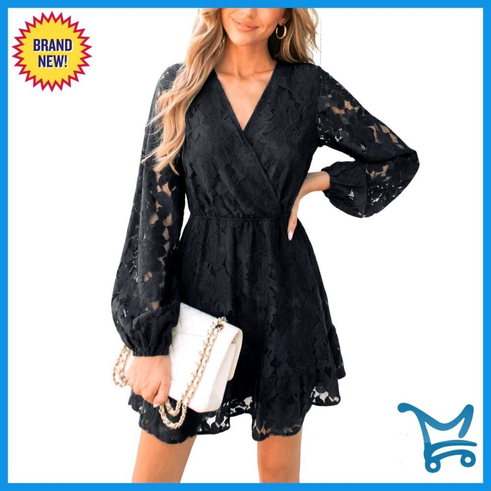 Elegant V Neck Lace Peasant Sleeve Mini Dress Elastic High Waist A Line